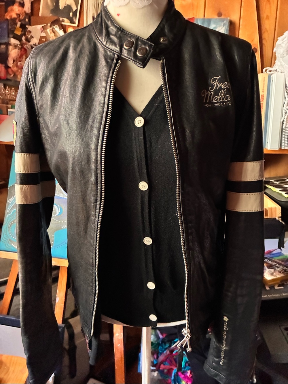 Fred Mello Black Leather Jacket with Cream Sleeve Stripes